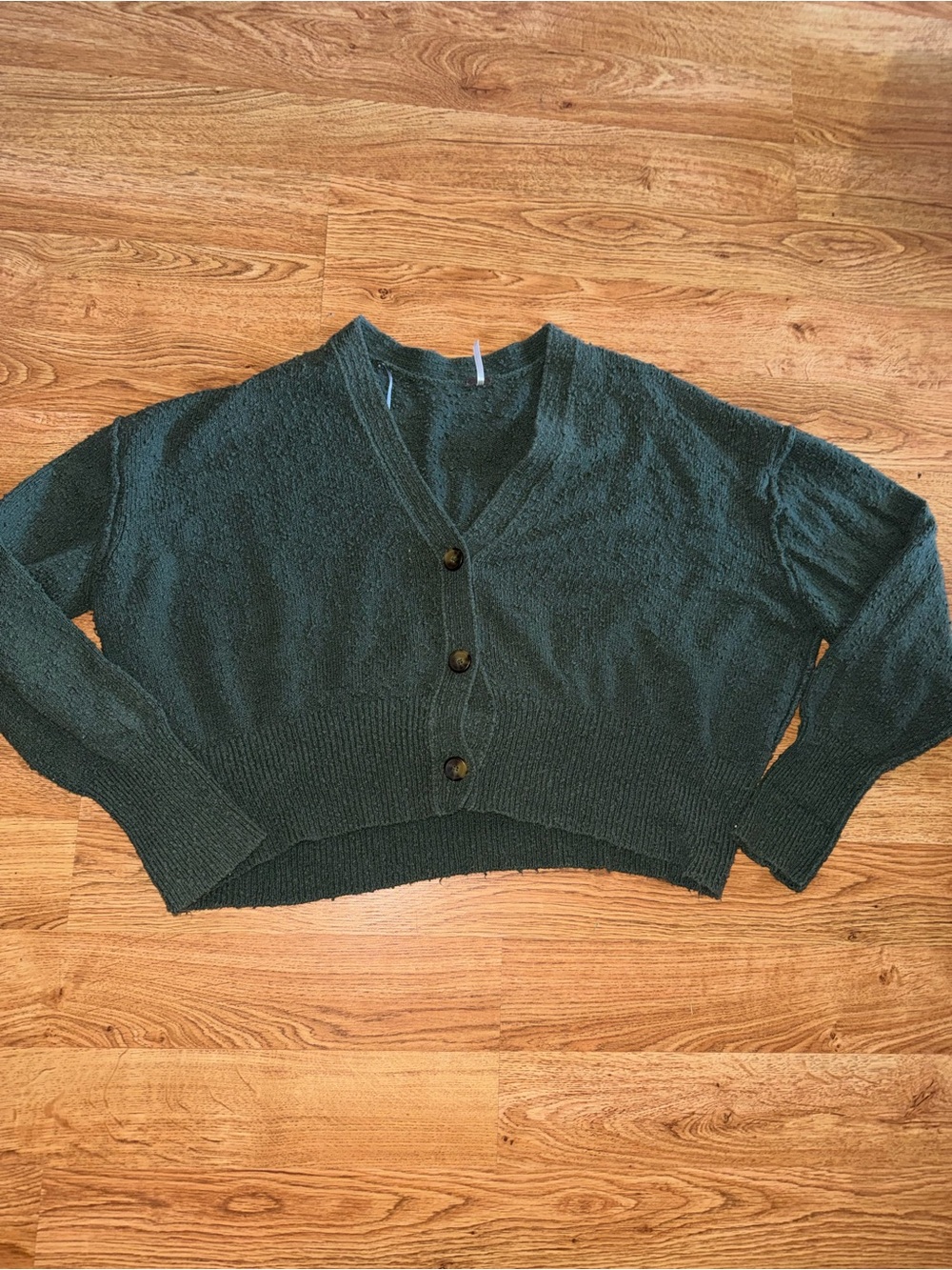 Free People Dark Green Cropped V-Neck Button Cardigan